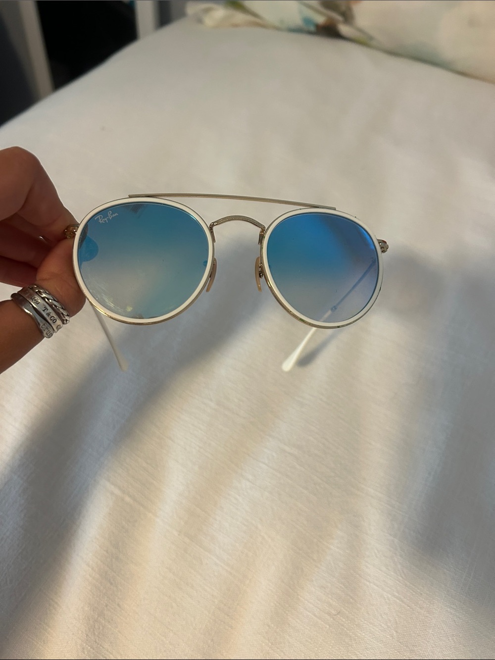 Ray-Ban Gold Frame Blue to Peach Gradient Round Sunglasses - Women - Picture 3 of 4